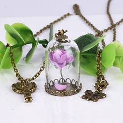 Violet Butterfly & Key & Glass Dried Flower Wishing Bottle Pendant Necklace, with Antique Bronze Alloy Cable Chains, Violet, 33.46 inch(85cm)