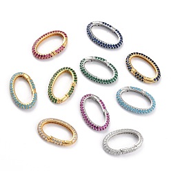 Mixed Color Brass Micro Pave Cubic Zirconia Spring Gate Rings, Long-Lasting Plated, Oval, Mixed Color, 18.5x29.5x4mm, Hole: 22x12mm