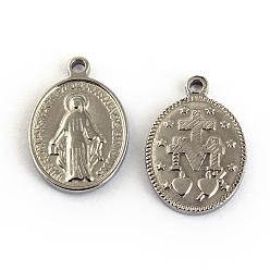 Stainless Steel Color 304 Stainless Steel Pendants, Oval with Virgin Mary, Stainless Steel Color, 19x13x2mm, Hole: 2mm