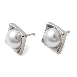 Платина Латунь серьги стержня, прямоугольные, с пластмассовой жемчужиной abs, долговечный, стойки покрытие, без свинца и без кадмия, платина, 11.5x11.5 мм