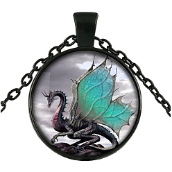 Electrophoresis Black Turquoise Dragon Theme Glass Flat Round Pendant Necklace with Alloy Chains, Electrophoresis Black, 27.56 inch(70cm)