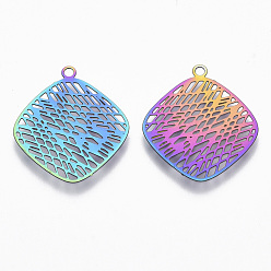 Rainbow Color Ion Plating(IP) 201 Stainless Steel Filigree Pendants, Etched Metal Embellishments,  Rhombus, Rainbow Color, 22.5x20x0.4mm, Hole: 1.5mm, Diagonal Length: 22.5mm, Side Length: 17.5mm
