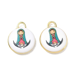 Deep Sky Blue Printed Brass Pendants, Flat Round & Virgin Mary & Child Pattern Charms, Rack Plating, Long-Lasting Plated, Lead Free & Cadmium Free, Real 18K Gold Plated, Deep Sky Blue, 21.5x17x4mm, Hole: 4x3mm