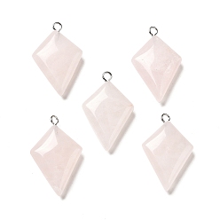Rose Quartz Natural Rose Quartz Pendants, Kite Charms, with Stainless Steel Color Tone Stainless Steel Loops, 28x18x6~7mm, Hole: 2mm