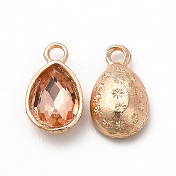 Light Salmon Faceted Glass Rhinestone Pendants, with Golden Tone Zinc Alloy Findings, Teardrop Charms, Light Salmon, 15x9x5mm, Hole: 2mm
