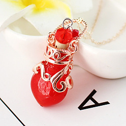 Red Lampwork Perfume Bottle Pendant Necklace, Rose Gold Titanium Steel Jewelry for Women, Red, 17.72 inch(45cm)