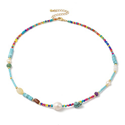 Colorful Natural Turquoise & & Pearl & Glass Seed Beaded Necklace for Women, Cadmium Free & Lead Free, Colorful, 15.71 inch(39.9cm)