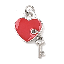 Красный Латунные микропаве прозрачные подвески с фианитом, сердце с ключом, Эмаль стиле, с целью перехода в кольце, без кадмия и без свинца, стойки покрытие, долговечный, платина, красные, 25x14x2 мм, отверстие : 3 мм