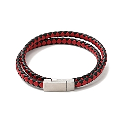 Red Microfiber Leather Braided Double Loops Wrap Bracelet with 304 Stainless Steel Magnetic Clasp for Men Women, Red, 16-3/4 inch(42.5cm)