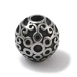 Античное Серебро 304 из нержавеющей стали бусы, круглые с цветочным узором, античное серебро, 9 мм, отверстие : 1.8 мм