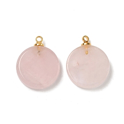 Розовый Кварц Природного розового кварца подвески, плоские круглые подвески с латунными дужками золотистого оттенка, 19~20.5x16~16.3x3.5~4.8 мм, отверстие : 6x3 мм