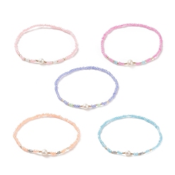 Mixed Color Natural Pearl & Glass Seed Beaded Stretch Bracelet for Women, Mixed Color, Inner Diameter: 2-3/8 inch(5.9cm)