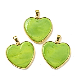 Yellow Green Handmade Lampwork Pendants, with Brass Findings, Long-Lasting Plated, Lead Free & Cadmium Free, Heart Charms, Yellow Green, 31~32x31~31.5x5mm, Hole: 6.5x4mm