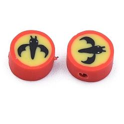 Bat Бусины из полимерной глины ручной работы на тему хэллоуина, плоско-круглые, шаблон bat, 9x4.5 мм, отверстие : 1.5 мм