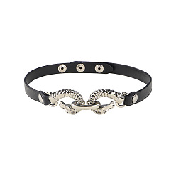 #3 Silver Cool Motorcycle Style PU Leather Lock Collar Chain Necklace with Dark Gothic Pendant and Clasp Decoration