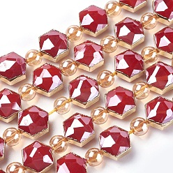 Dark Red Opaque Glass Beads Strands, with Golden Tone Brass Findings, Pearl Luster Plated, Faceted, Hexagon, Dark Red, 12x10.5x7~7.5mm, Hole: 1.2mm, about 10pcs/strand, 6.81 inch (17.3cm)