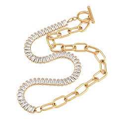 Золотой 304 Цепочка из нержавеющей стали с прозрачными кубическими циркониями, цепочка-скрепка, ожерелье с застежками., ионное покрытие (ip), золотые, 15.75 дюйм (40 см)
