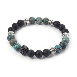 Jasper Natural Ocean Jasper and Natural Black Agate(Dyed) Beads Stretch Bracelets, with Brass Cubic Zirconia Beads and Alloy Beads, 2-3/8 inch(6cm)