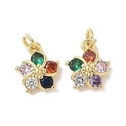 Разноцветный Латунные подвески с фианитами, долговечный, реальный 18 k позолоченный, цветок, красочный, 12.5x10.5x4 мм, отверстие : 3.5 мм, Перейти кольцо: 5x0.75 мм