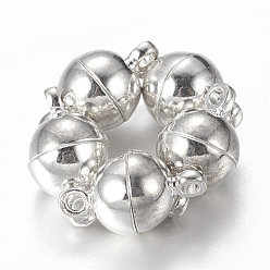 Silver Brass Magnetic Clasps with Loops, Round, Silver Color Plated, 14x8mm, Hole: 1.5mm