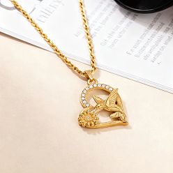 Настоящее золото 18K 304 Подвеска-колье из нержавеющей стали с микропаве из прозрачных кубических цирконий в форме сердца, цветка и птицы, для женщин, реальный 18 k позолоченный, 15.75 дюйм (40 см)