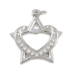 Платина Латунные микро проложить кубического циркония подвески, звезда с сердцем, с целью перехода в кольце, стойки покрытие, долговечный, без свинца и без кадмия, платина, 20x19x2 мм, отверстие : 3.5 мм