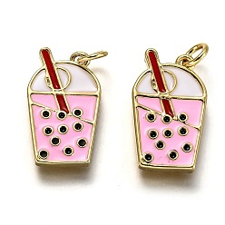 Pink Латунь эмаль подвески, долговечный, реальный 18 k позолоченный, с целью перехода в кольце, форма пузырькового чая, розовые, 20x12x2.2 мм, отверстие : 3.2 мм