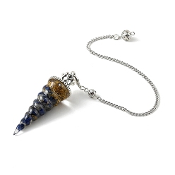 Lapis Lazuli Resin Dowsing Pendulum Pendants with Natural Lapis Lazuli Chips inside and Iron Chain & Alloy Caps, Cone Charms, 280mm, Hole: 2mm