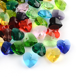 Mixed Color Transparent Glass Heart Pendants, Faceted, Mixed Color, 14x14x8mm, Hole: 1.5mm