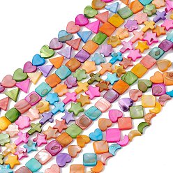 Mixed Shapes 10 Strands Colorful Natural Freshwater Shell Beads Strands, Dyed, Cross & Rhombus & Heart, Mixed Shapes, 11.5~16x8.5~15.5x2.5~3mm, Hole: 0.8mm, about 26~34pcs/strand, 14.96~15.35''(38~39cm)