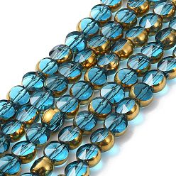 Deep Sky Blue Half Plated Electroplate Transparent Glass Beads Strands, Antique Bronze Plated, Flat Round, Faceted, Deep Sky Blue, 6x5mm, Hole: 1.2mm, about 50pcs/strand, 11.22''(28.5cm)