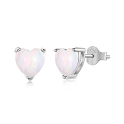 WhiteSmoke Rhodium Plated 925 Sterling Silver Opal Stud Earrings for Women, with S925 Stamp, Real Platinum Plated, Heart, WhiteSmoke, 6x6.7mm
