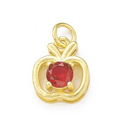 Red Rack Plating Brass Cubic Zirconia Charms, with Jump Ring, Cadmium Free & Lead Free, Long-Lasting Plated, Real 18K Gold Plated, Apple Charm for Teacher's Day, Red, 13x10.5x5.5mm, Hole: 3mm