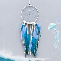 Deep Sky Blue Woven Web/Net with Feather Decorations, with Iron Ring and Wood Beads, for Home Bedroom Hanging Decorations, Starfish, Deep Sky Blue, 600x150mm