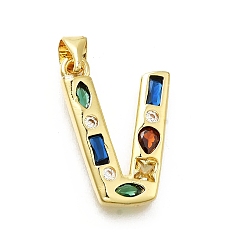 Letter V Латунные микропаве прозрачные подвески с фианитом, с целью перехода в кольце, без свинца и без кадмия, долговечный, стойки покрытие, письмо амулеты, реальный 18 k позолоченный, Буква V, 19~21x9.5~20x2.7 мм, Перейти кольцо: 5x1 мм, 3 mm внутреннего диаметра.