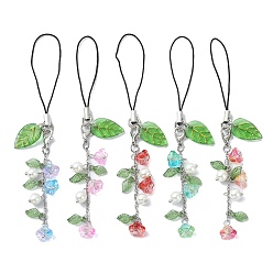 Mixed Color Flower & Leaf Transparent Acrylic & Glass Mobile Straps, Polyester Cord Mobile Accessories Decoration, Mixed Color, 11.8cm
