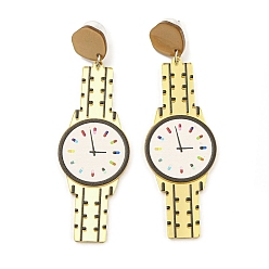 Gold Sparkling Acrylic Watch Dangle Stud Earrings with 304 Stainless Steel Pins, Gold, 86x26.5mm