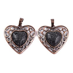 Lava Rock Natural Lava Rock Peach Love Heart Pendants, Rack Plating Brass Hollow Heart Charms, Cadmium Free & Lead Free, Red Copper, 29.5x30.5x7.5mm, Hole: 7.5x5mm