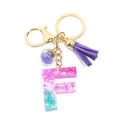 Letter F Resin Keychains, Tassel Keychain, Glass Ball Keychain, with Light Gold Tone Plated Iron Findings, Alphabet, Letter.F, 11.2x1.2~5.7cm