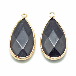 Black Natural White Jade Pendants, with Golden Tone Brass Findings, Faceted, teardrop, Dyed, Black, 32.5~33x16x6mm, Hole: 2.5mm