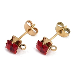 Красный Ионное покрытие (ip) 304 фурнитура для сережек-гвоздиков из нержавеющей стали с кубическим цирконием, квадратный, красные, 7x5.5 мм, отверстие : 1.4 мм, штифты : 0.8 мм