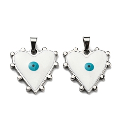 White 304 Stainless Steel Pendants, with Enamel, Heart with Evil Eye Charm, Stainless Steel Color, White, 21x21x3mm, Hole: 5x3.5mm