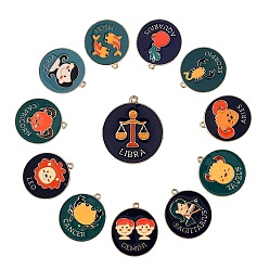 Mixed Color 12Pcs 12 Style Alloy Enamel Pendants, Cadmium Free & Lead Free, Flat Round with Constellation & Word, Light Gold, Mixed Color, 30.5x27x1.5mm, Hole: 1.5mm, 1pc/style