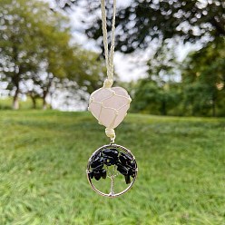 Black Agate Heart Rose Quartz Cord Braided Pendant Decorations, with Black Agate Chip Rings, Car Hanging Ornaments, 130x30mm