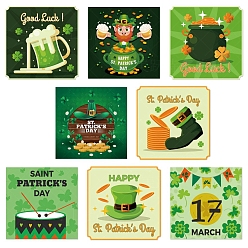 Green 8 Sheets Saint Patrick's Day Theme Paper Self Adhesive Clover Label Stickers, for Party Bottle Decoration, Square, Green, 100x100mm, 8 sheets/set