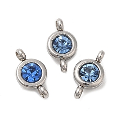 Aquamarine 304 Stainless Steel Single Rhinestone Connector Charms, Flat Round Links, Stainless Steel Color, Aquamarine, 12x6.5x4mm, Hole: 2mm