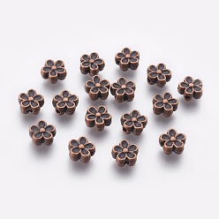 Red Copper Tibetan Style Alloy 3D Flower Beads, Cadmium Free & Lead Free, Red Copper, 7x3.5mm, Hole: 1mm