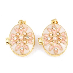 Pink Подвески латуни медальон, с эмалью и абс пластика имитация жемчуга, без кадмия и без свинца, реальный 18 k позолоченный, стойки покрытие, долговечный, овальные амулеты, розовые, 26.5x21x10.5 мм, отверстие : 3x5 мм