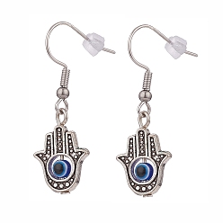 Antique Silver & Stainless Steel Color Alloy Hamsa Hand with Resin Evil Eye Dangle Earrings, 316 Surgical Stainless Steel Drop Earrings for Women, Antique Silver & Stainless Steel Color, 38mm, Pin: 0.7mm
