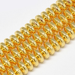 Golden Plated Electroplate Non-magnetic Synthetic Hematite Beads Strands, Heishi Beads, Flat Round/Disc, Golden Plated, 6x3mm, Hole: 2mm, about 137pcs/strand, 15.94 inch